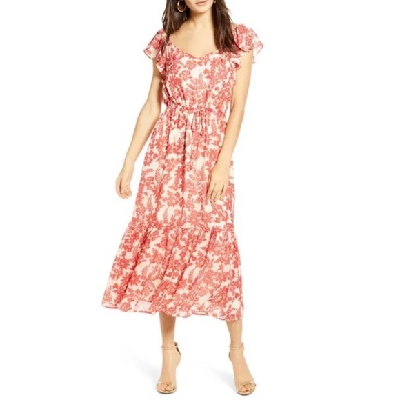 ALL IN FAVOR Red Floral Tie Waist Midi Dress - Picture 1 of 1